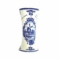 large wooden tulips in a Delft blue vase with logo
