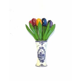 Small wooden tulips in a Delft blue vase with logo