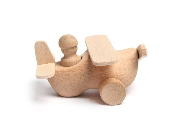 Houten speelgoed klompje uitgevoerd als vliegtuig