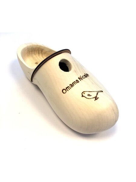 Wooden shoe birdhouse with engraving