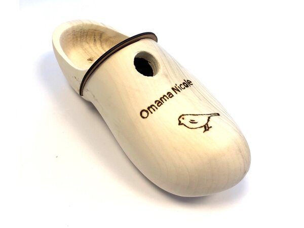 Wooden shoe birdhouse with engraving