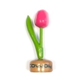 wooden tulip with logo on base in various colors