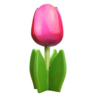 Wooden tulip on a leaf with text in various colors