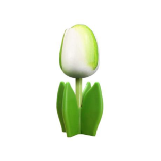 Wooden tulip on a leaf with text in various colors