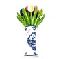 kleine hölzerne Tulpen in einer blauen Delfter Vase mit Logo