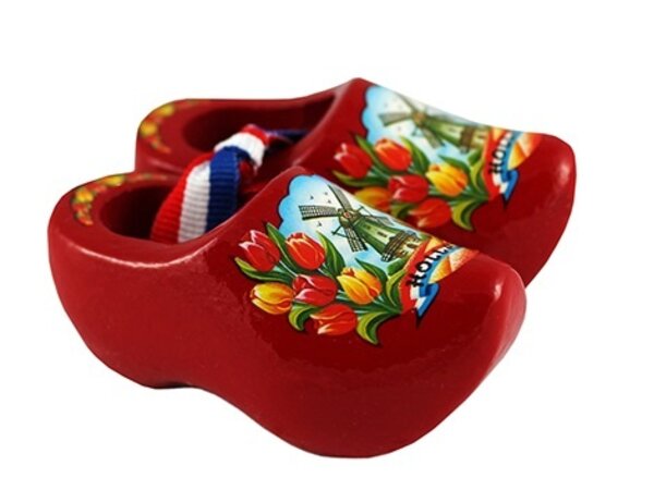 Souvenirs woodenshoes red with tulips and a windmill.