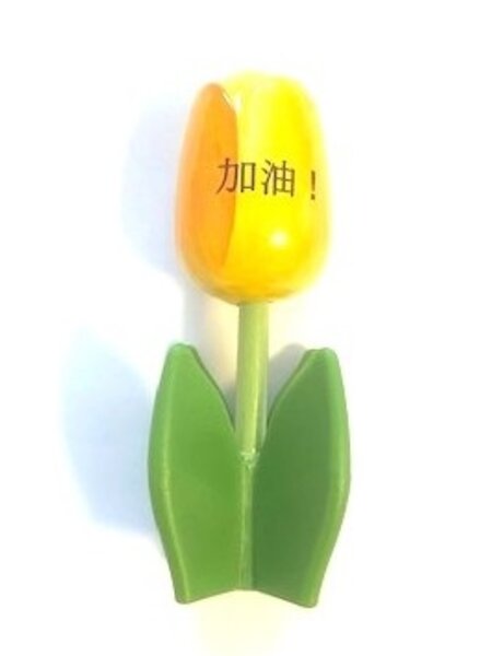 Houten tulp op een blad met tekst