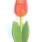 Wooden tulip on a leaf with text in various colors