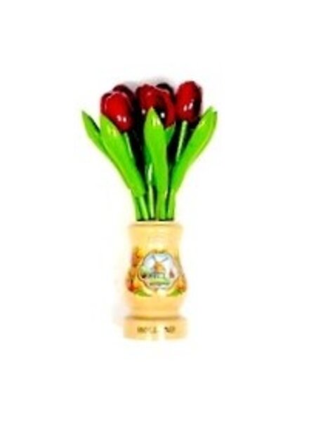red wooden tulips in a transparent wooden vase