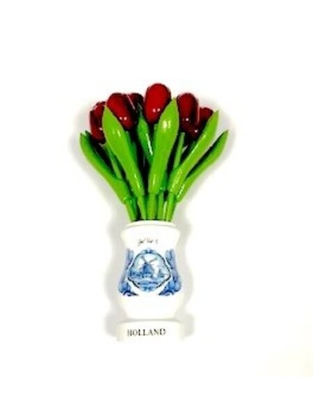 Red wooden tulips in a white wooden vase