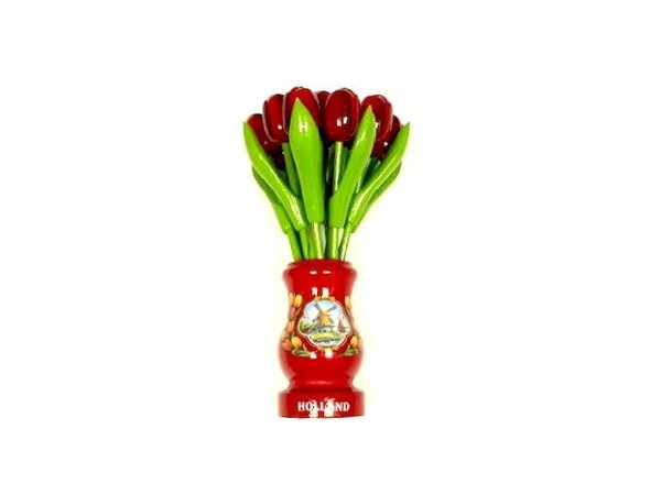 Red wooden tulips in a red wooden vase