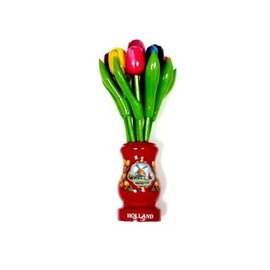 mixed wooden tulips in a red wooden vase