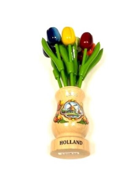 Gemischte Tulpen aus Holz in einer transparenten Holzvase