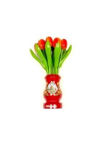 Orange wooden tulips in a red wooden vase