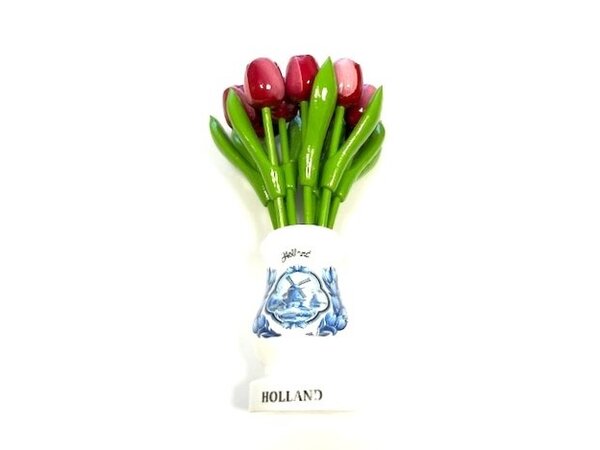 Rot-weiße Tulpen aus Holz in einer weißen Holzvase