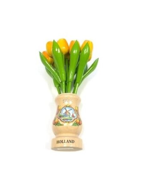 Yellow wooden tulips in a transparent wooden vase
