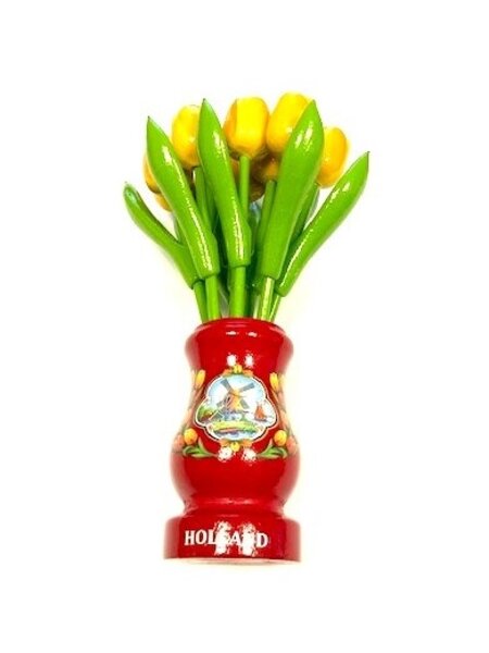 yellow wooden tulips in a red wooden vase