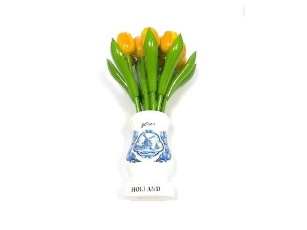 Nijhuis klompenfabriek Yellow wooden tulips in a white wooden vase
