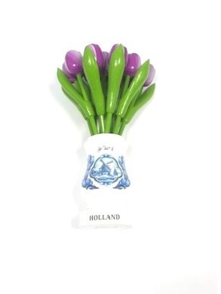 Purple wooden tulips in a white wooden vase