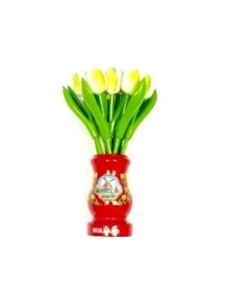 White wooden tulips in a red wooden vase