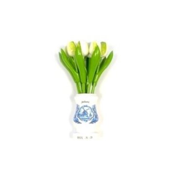 White wooden tulips in a white wooden vase