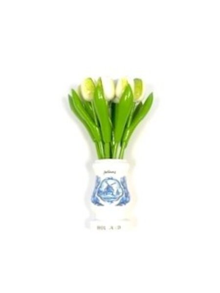 White wooden tulips in a white wooden vase