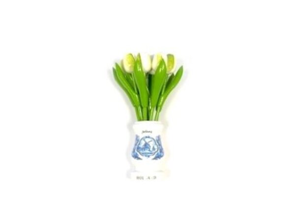 White wooden tulips in a white wooden vase