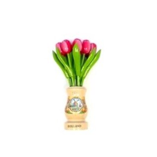 Rosa-weiße Tulpen aus Holz in einer transparenten Holzvase