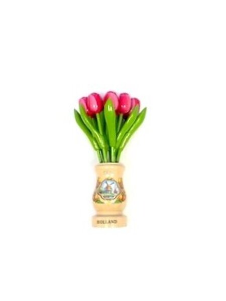 Rosa-weiße Tulpen aus Holz in einer transparenten Holzvase