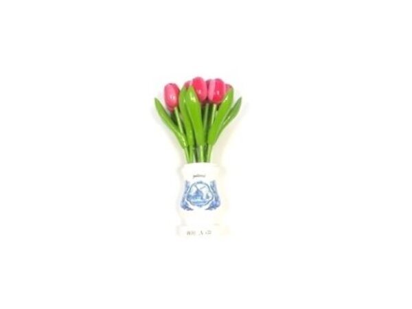Rosa-weiße Tulpen aus Holz in einer weißen Holzvase