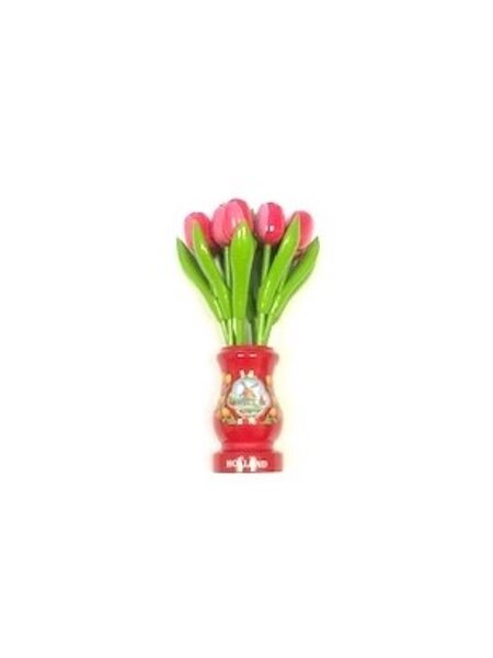 Pink-white wooden tulips in a red wooden vase