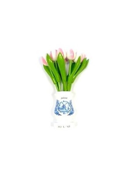 White-pink wooden tulips in a white wooden vase