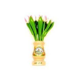 Weiß-rosa Holz Tulpen in einer transparenten Holzvase