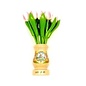 White-pink wooden tulips in a transparent wooden vase