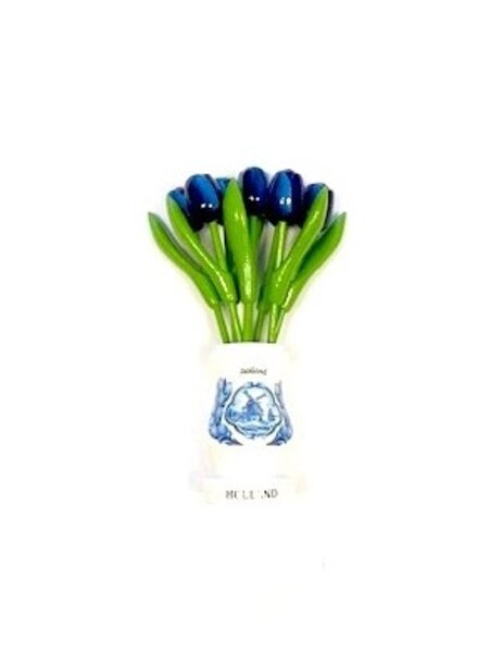 Blue wooden tulips in a white wooden vase