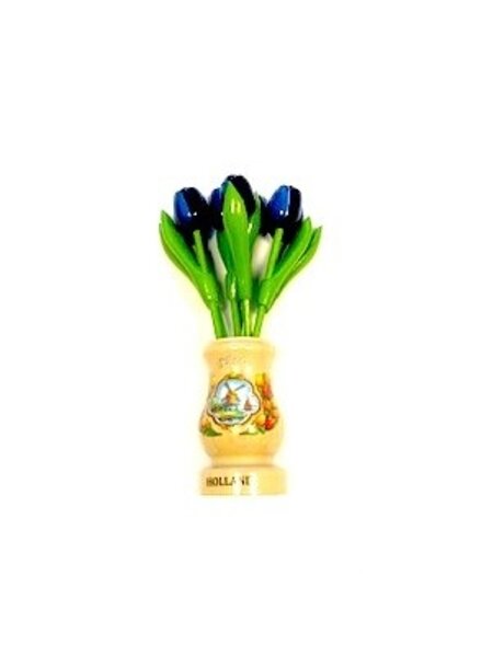 Blue wooden tulips in a transparent wooden vase