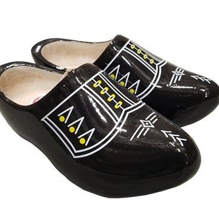 Black wooden shoes with white piping