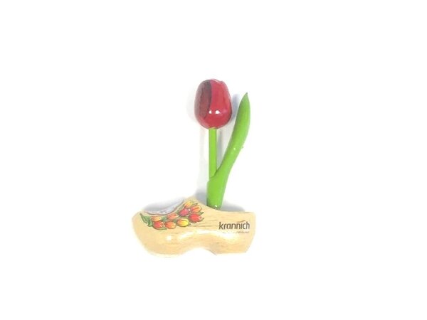 Hölzerne Tulpen auf einem Clog mit Logo