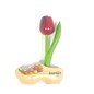 Wooden tulip on a wooden shoe with logo