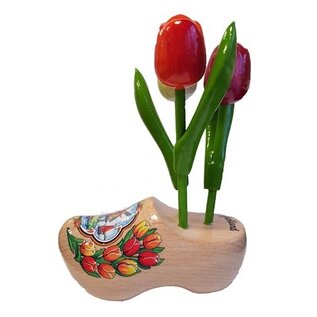 Wooden tulips on a clog with text