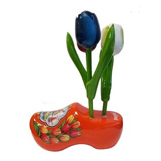 Wooden tulips on a clog with text