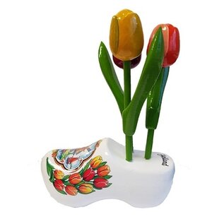 Wooden tulips on a clog with text