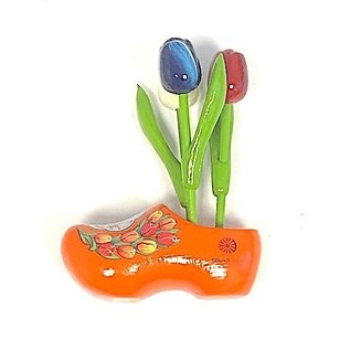 Wooden tulips on a wooden shoe with logo