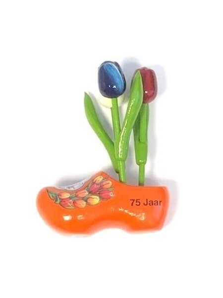 Holztulpen auf einem Clog mit Text