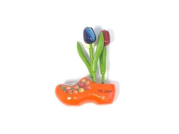 Holztulpen auf einem Clog mit Text