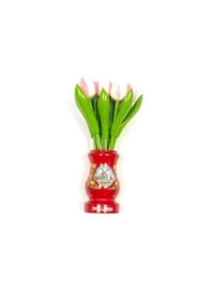 White-pink wooden tulips in a red wooden vase