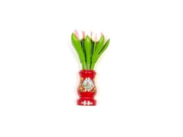 Nijhuis klompenfabriek White-pink wooden tulips in a red wooden vase