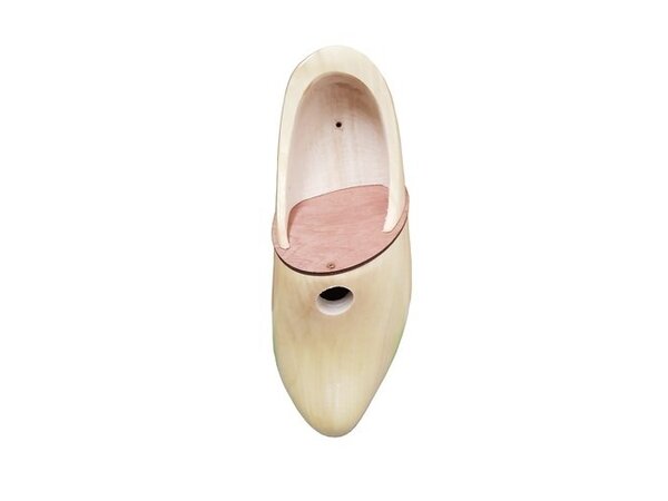 Painted birdhouse in the shape of a wooden shoe