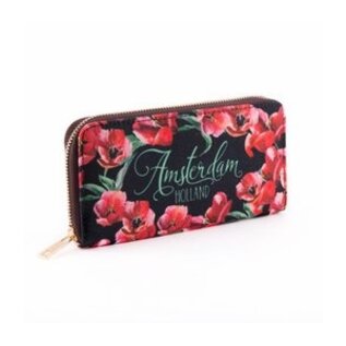 Wallet black with red tulips