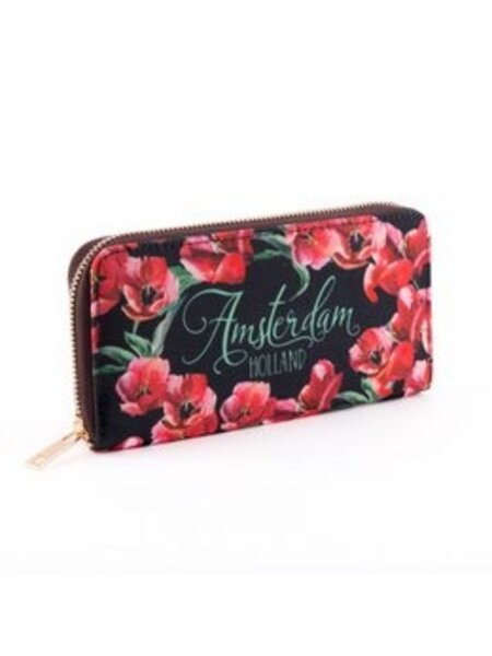 Brieftasche schwarz mit roten Tulpen